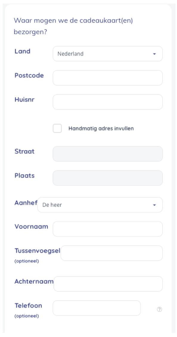 Het mobiele formulier van een grote cadeauwebshop in Nederland
